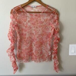 ZARA Sheet Floral Mesh Bubble Sleeve Crewneck Crop Top Size Small